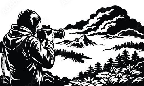 Nature in Silhouette of trees, hills, and a photographer holding a camera