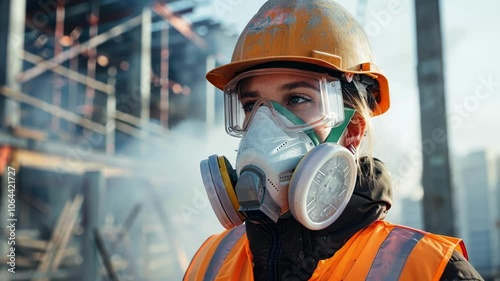 A worker adjusting the fit of their respirator mask preparing to enter a dusty area of the construction site.