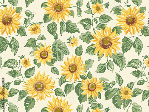 Wallpaper Mural Cheerful Sunflower Floral Background Description: Vibrant yellow sunflowers with green leaves against a soft cream backdrop, continuous and bright. Torontodigital.ca