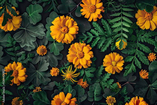 Dark Floral Background with Bright Marigolds Description: Rich marigold and chrysanthemum flowers on a charcoal background, lush green leaves in a seamless pattern. photo