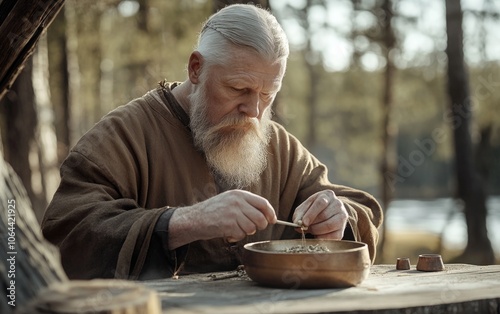 Ancient echoes - Scandinavian spirit embodied in Viking warrior, resilient cold-climate dweller, navigating harsh landscapes with indomitable courage, timeless heritage, a rich cultural legacy. photo