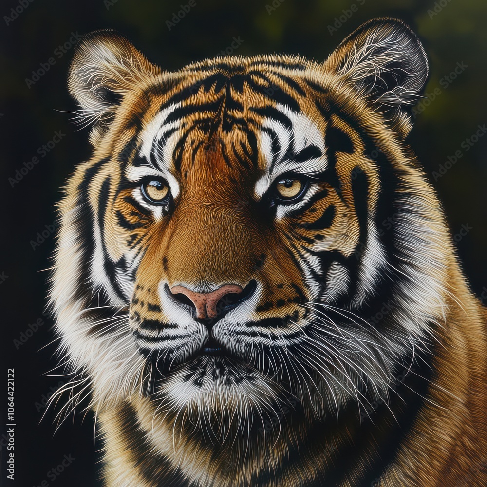 Fototapeta premium A close-up portrait of a majestic tiger, showcasing its striking features and fierce gaze against a blurred natural background.
