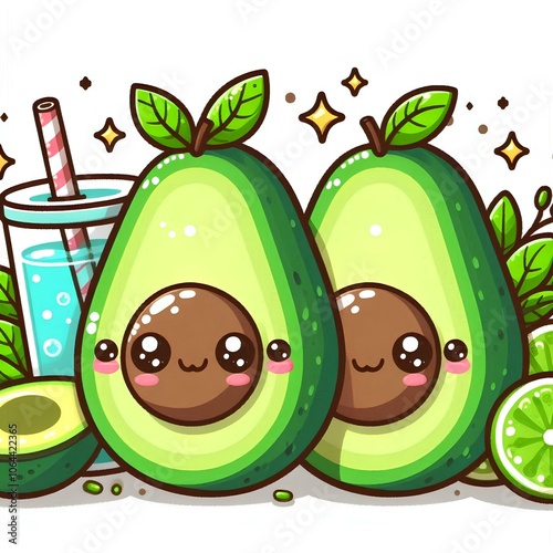 Adorable kawaii avocado with chubby and very cute shape, big bright eyes, sweet smile, white background for print, frame, stickers, etc, generative ai photo