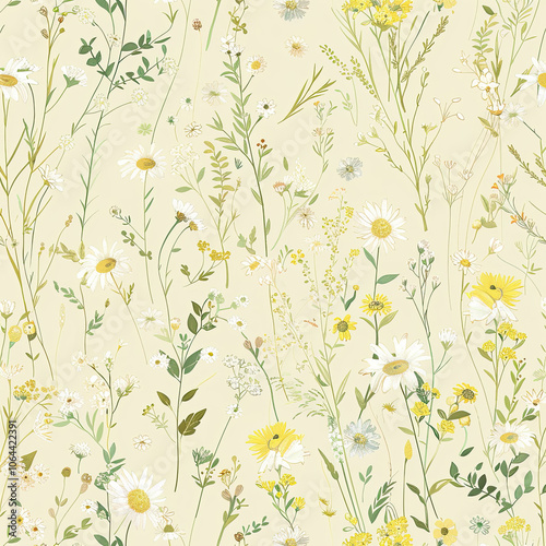 Delicate Wildflower Background in Yellow Tones Description: Light-hearted wildflowers, daisies, and grasses in a scattered design, perfect for a seamless look.