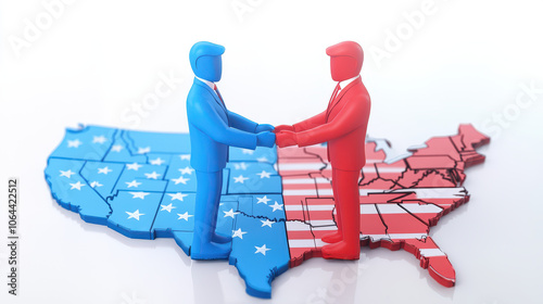 Red and Blue Political Figures Shaking Hands Over Divided USA Map