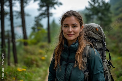 A woman with a backpack standing in the woods