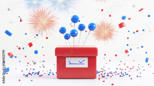 Animated 3D Ballot Box with Fireworks and Confetti in Red, White, and Blue