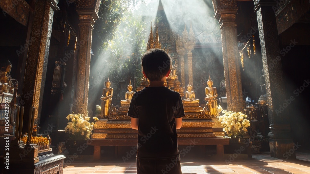 Naklejka premium Cultural Reverence - European Boy Paying Respect at Thai Shrine under Soft Daylight