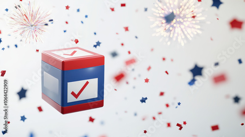 3D Ballot Box with Checkmark and Patriotic Fireworks for Election Celebration