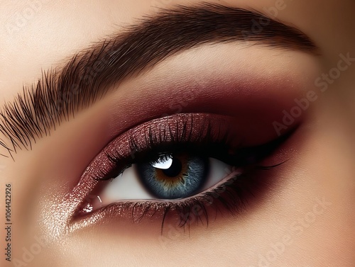 A close up of a woman's blue eye with a red eye shadow photo