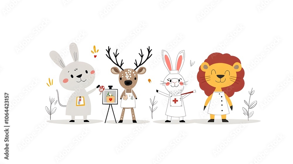 Remarkable Animal Professionals in Whimsical group of animals including a deer painter a rabbit chef and a lion doctor showcasing their unique talents and creative abilities in a fantasy inspired Remarkable Animal Professionals in Whimsical group of animals including a deer painter a rabbit chef and a lion doctor showcasing their unique talents and creative abilities in a fantasy inspired