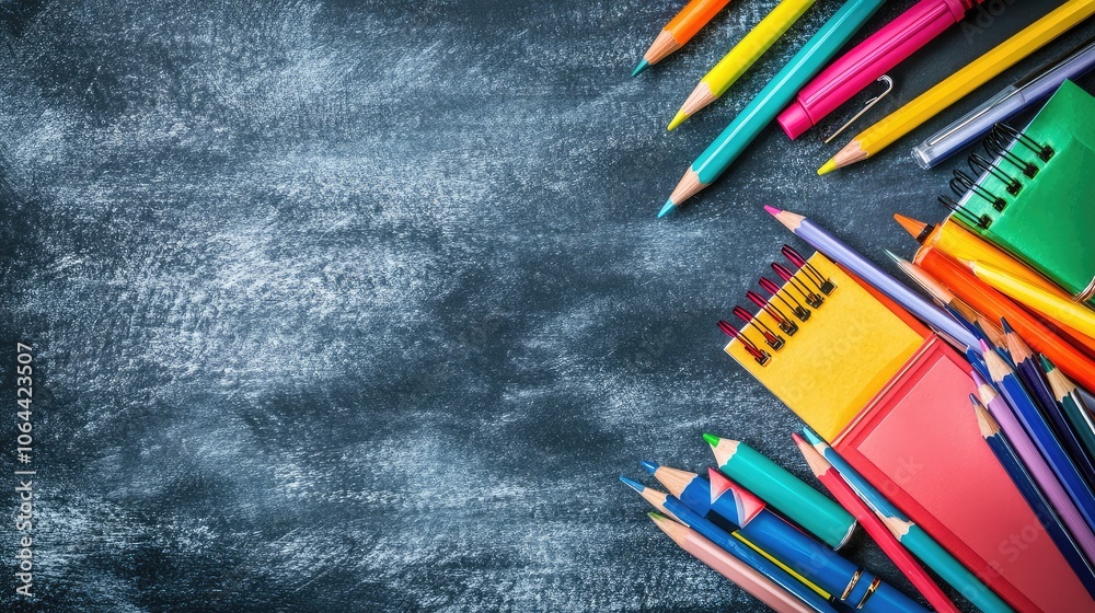 Colorful Stationery on Chalkboard Background Colorful Stationery on Chalkboard Background
