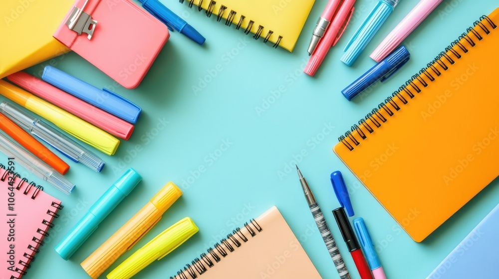 Colorful Stationery Arrangement on Blue Background Colorful Stationery Arrangement on Blue Background