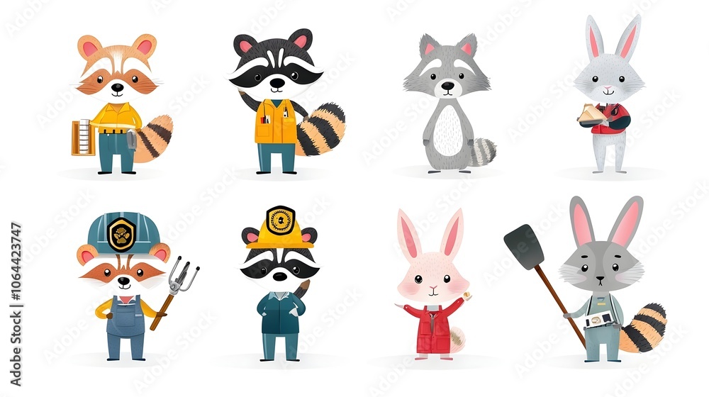 Whimsical Depicting a Raccoon Engineer Rabbit Firefighter and Wolf Teacher in Engaging Animal Themed Occupational Roles Whimsical Depicting a Raccoon Engineer Rabbit Firefighter and Wolf Teacher in Engaging Animal Themed Occupational Roles