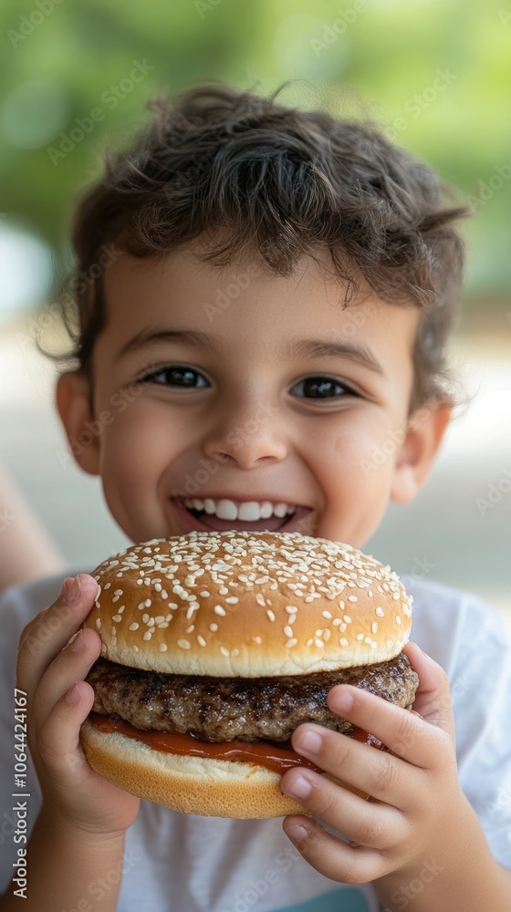 Dietary awareness: portrayal of child with hamburger, highlighting issue of poor nutrition, increasing risk of early obesity, illustrating consequences of unhealthy food choices on childhood health. Dietary awareness: portrayal of child with hamburger, highlighting issue of poor nutrition, increasing risk of early obesity, illustrating consequences of unhealthy food choices on childhood health.