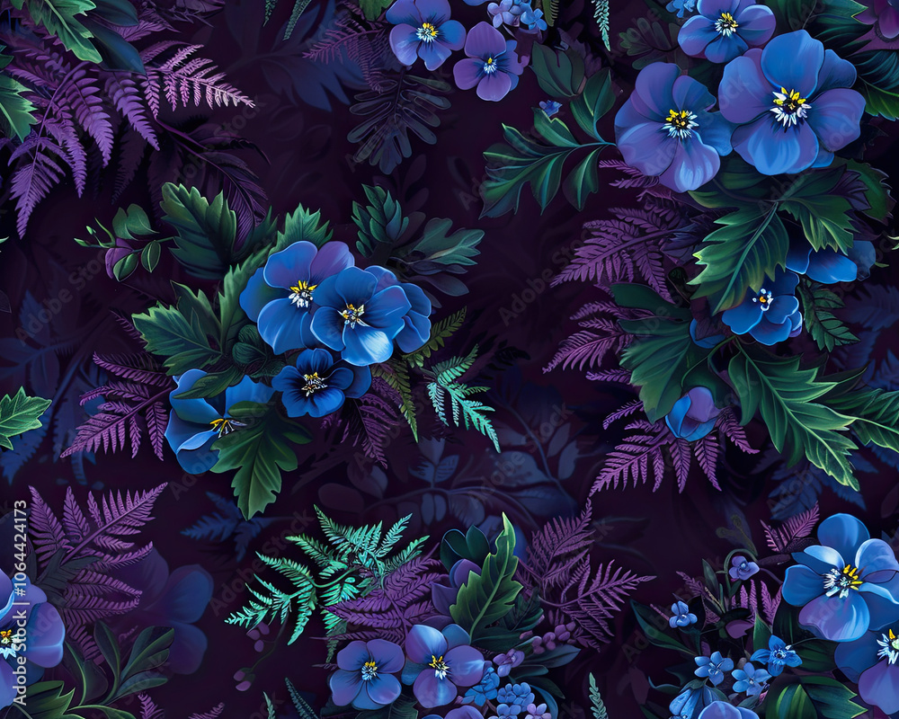 Forget-me-nots, violets, and fern leaves in soft blues and purples on plum, ideal for seamless tiling.