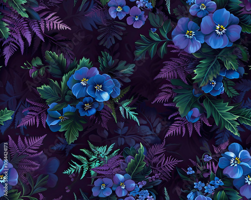 Obraz na płótnie Forget-me-nots, violets, and fern leaves in soft blues and purples on plum, ideal for seamless tiling.
w salonie