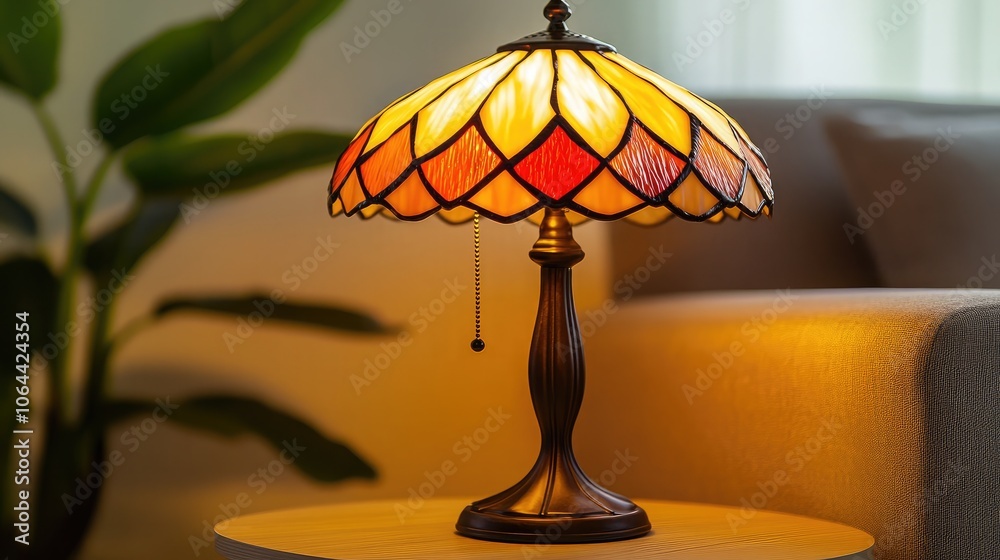 Elegant Tiffany-Style Lamp in Cozy Living Room Setting Elegant Tiffany-Style Lamp in Cozy Living Room Setting