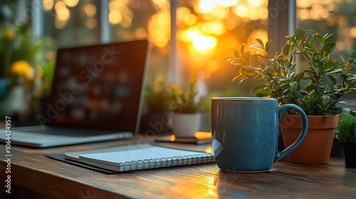 A tidy, organized desk with a computer, notebook, and coffee mug.