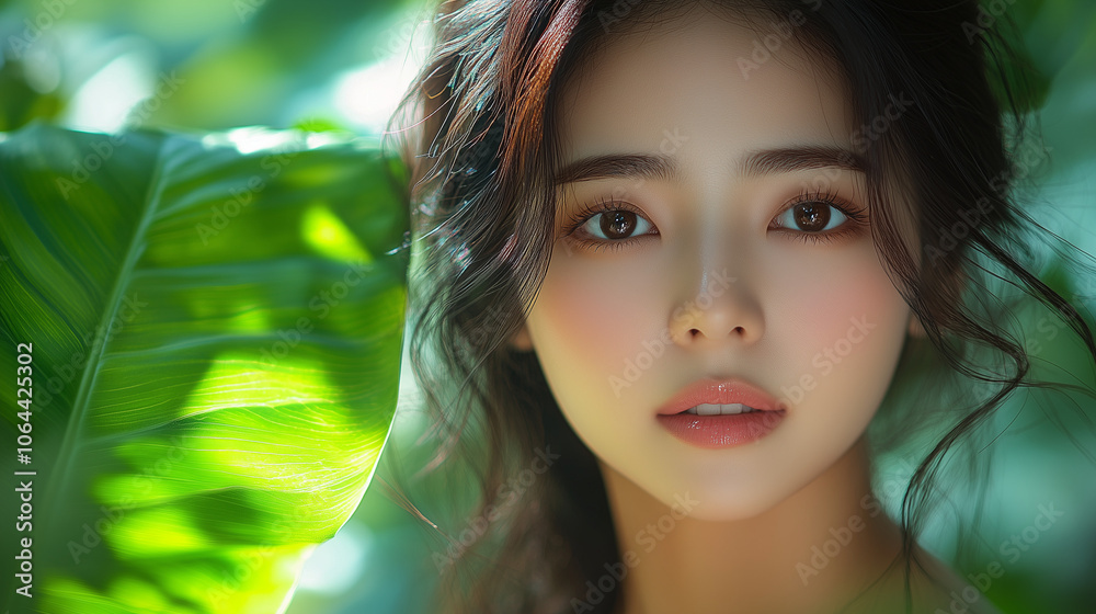 portrait of a woman face with leaf and natural lights portrait of a woman face with leaf and natural lights