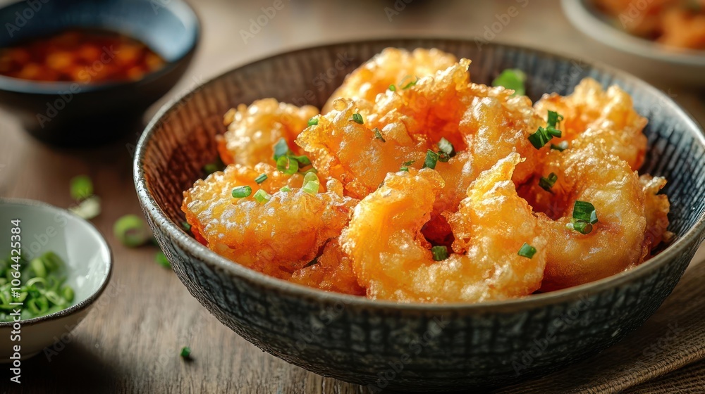 Dumplings in a bowl, garnished with chili flakes and herbs, served with dipping sauce. Dumplings in a bowl, garnished with chili flakes and herbs, served with dipping sauce.