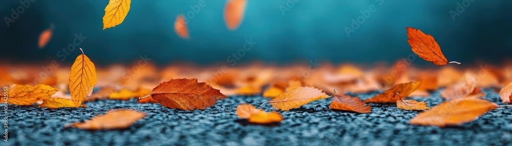 Scenic autumn view with red and orange leaves falling to the forest floor, fall leaves, seasonal falling leaves Scenic autumn view with red and orange leaves falling to the forest floor, fall leaves, seasonal falling leaves