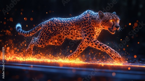 A vibrant cheetah sprinting on a treadmill, leaving a trail of glowing light behind.