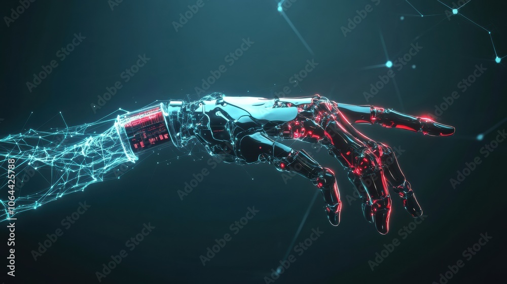 A glowing prosthetic arm is shown, linked to the brain through bright neural signals, illustrating advanced technology in motion. Generative AI A glowing prosthetic arm is shown, linked to the brain through bright neural signals, illustrating advanced technology in motion. Generative AI