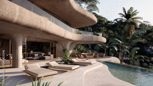 Modern Organic Architecture Villa with Curved Concrete Design and Infinity Pool in Tropical Jungle Setting - Luxurious Nature-Integrated Outdoor Living Space photo