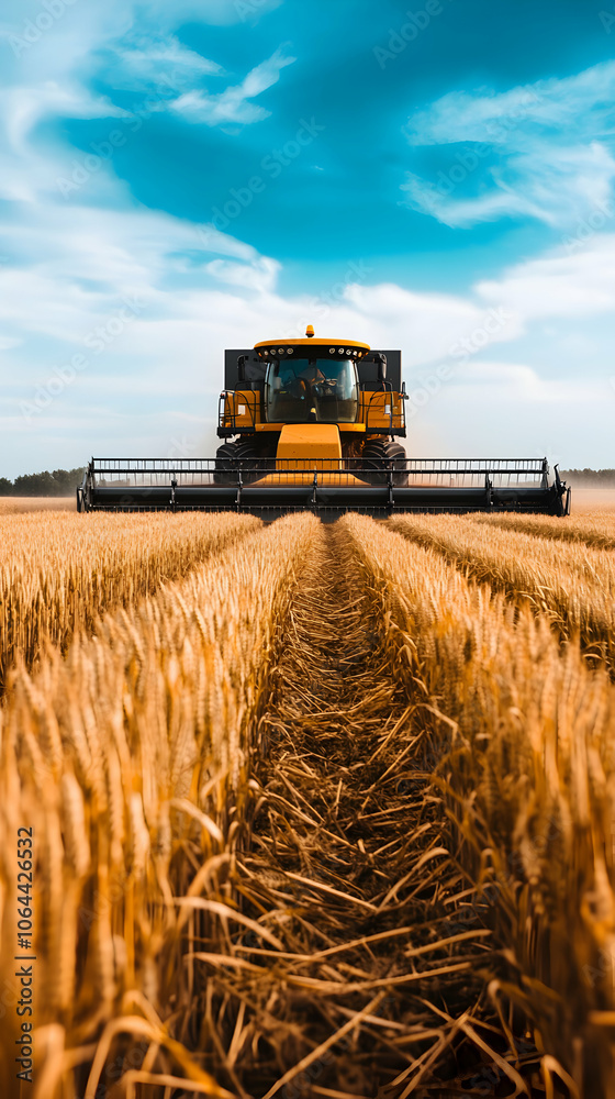 Fototapeta premium Yellow combine harvester reaping wheat in a golden field, leaving a path behind, against a backdrop of blue sky and white clouds