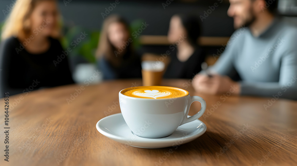 White cup of cappuccino with latte art sits on a wooden cafe table with blurred people talking in background, creating a cozy and social atmosphere White cup of cappuccino with latte art sits on a wooden cafe table with blurred people talking in background, creating a cozy and social atmosphere