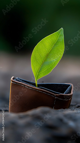 Vibrant green leaf grows from a brown leather wallet placed on a dark rock, symbolizing sustainable finance and ethical investments for a greener future photo