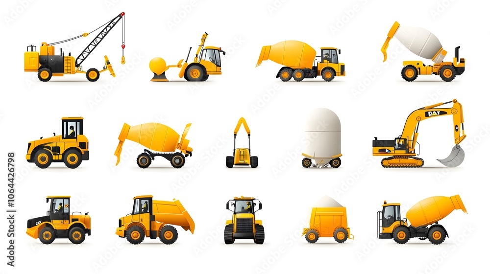 A set of minimalist icons depicting various construction vehicles and heavy machinery such as cranes bulldozers and concrete mixers on a clean white background These simple A set of minimalist icons depicting various construction vehicles and heavy machinery such as cranes bulldozers and concrete mixers on a clean white background These simple