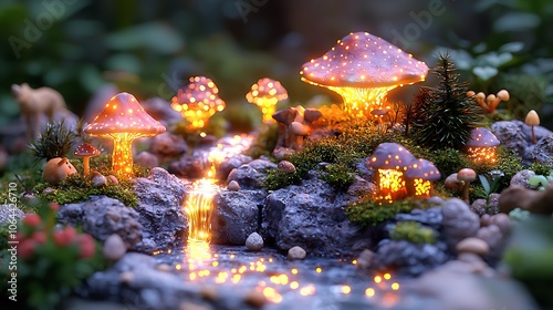 Glowing mushrooms illuminate a magical forest stream with a small waterfall. photo