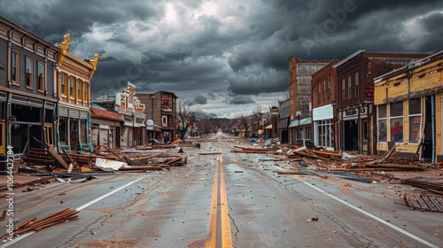 Abandoned Town Street with Severe Storm Damage, Debris, and Destroyed Buildings Under Dark Cloudy Sky - Urban Disaster Aftermath Scene photo