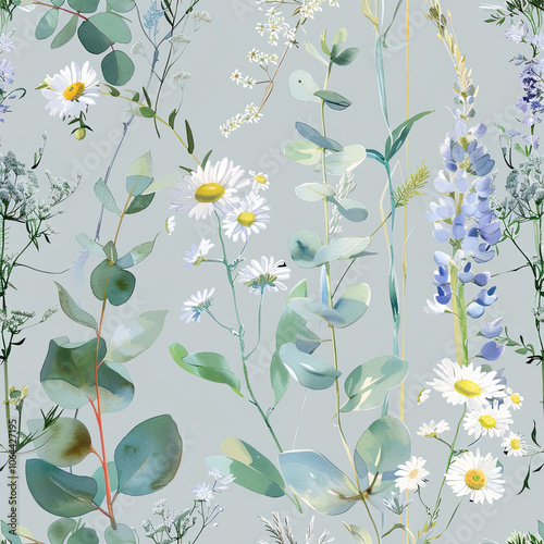 Soft Gray Floral Background with Daisies and Leaves