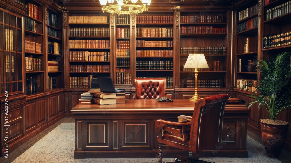 Interior of a library with bookshelves, leather armchairs and a table. Interior of a library with bookshelves, leather armchairs and a table.