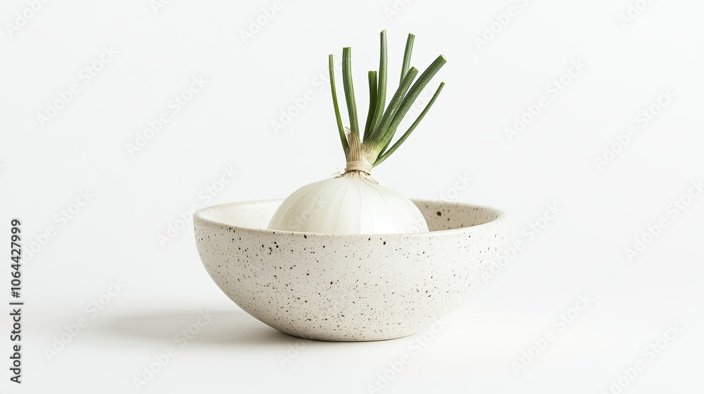 Fresh Onion in White Bowl with Green Sprouts Fresh Onion in White Bowl with Green Sprouts