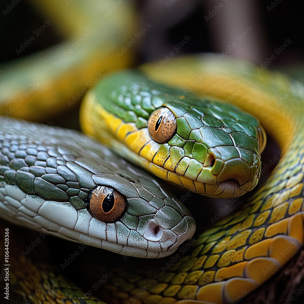 Close-Up of Green Snake with Yellow Stripes Close-Up of Green Snake with Yellow Stripes