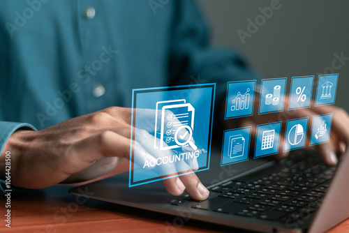 Accounting concept, Business financing and banking. Auditor using laptop to calculate company accounting. finance, tax, analysis, report, business, financial.