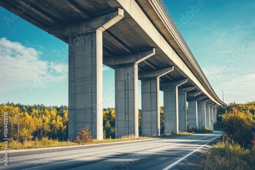 Concrete pillars supporting an elevated highway, capturing the monumental scale and importance of concrete in civil engineering and infrastructure development. photo