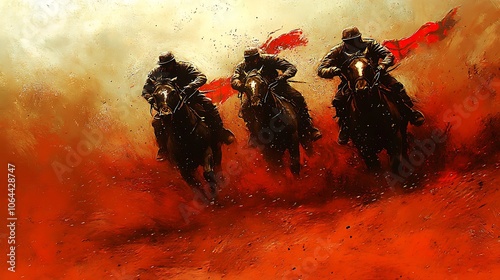 Three horseback riders in silhouette galloping through a red, dusty landscape with crimson scarves trailing behind them.