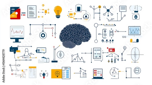 Set of icons representing intelligence with digital brain deep learning algorithms and data clouds on a white background  Futuristic modern and innovative technology concept photo