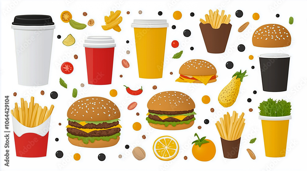 Fast food dish and health food on white background. Take away unhealthy set including burgers, sauces, French fries. Comparison with healthy nutrition, vegetables and fruits. Flyer for your ad Fast food dish and health food on white background. Take away unhealthy set including burgers, sauces, French fries. Comparison with healthy nutrition, vegetables and fruits. Flyer for your ad