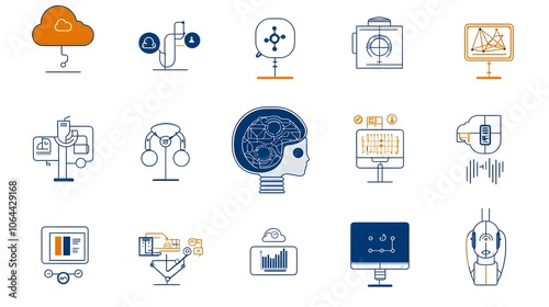 Collection of development icons including robot head data cloud algorithm symbols and other digital technology elements on a clean white background Graphic design for software app website