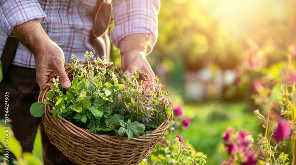 Fototapeta premium Gardener harvests fresh herbs in sunlit garden