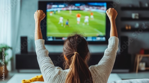 Excited person cheering while watching an international sports event on modern flat-screen TV in daylight-filled room photo