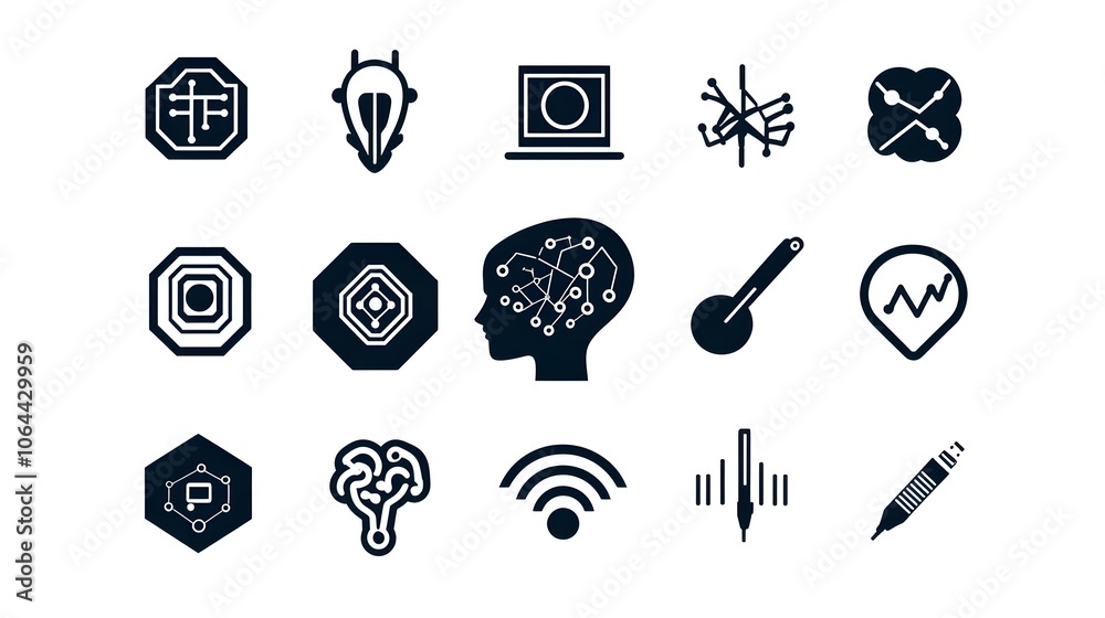 Minimalist featuring a collection of icons with robotic head digital intelligence and algorithm symbols displayed on a clean white background