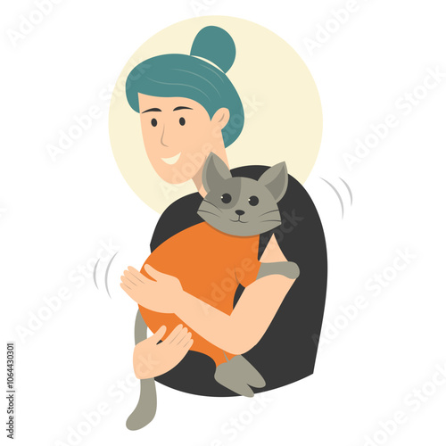 People Holding Cute Cat Illustration. Flat Vector Character Design on White Background.