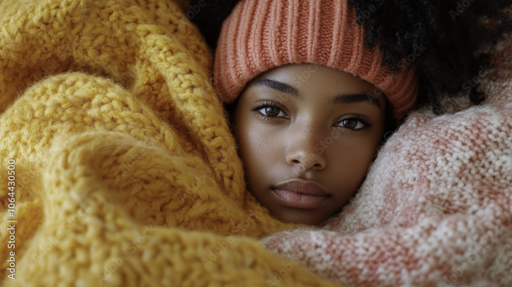 Cozy person resting with warm blankets, expressing comfort and relaxation Cozy person resting with warm blankets, expressing comfort and relaxation